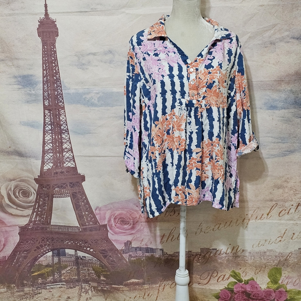 Ruby Rd. Blue and Pink Floral Button Down Shirt